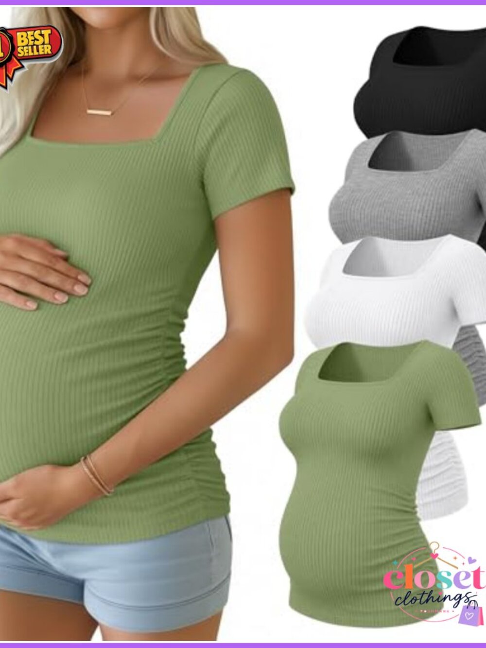 4 Pack Maternity T-Shirts Square Neck Cotton Spandex Short Sleeve
